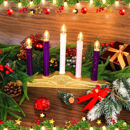 AFOROEOA 5 Light Christmas Electric Window Candles, Christmas Flameless Advent Candle Set with Purple Pink White Taper Candles 5 Bulbs 3ft Wire E12 Candelabra Base Window Candle for Home Table Decor