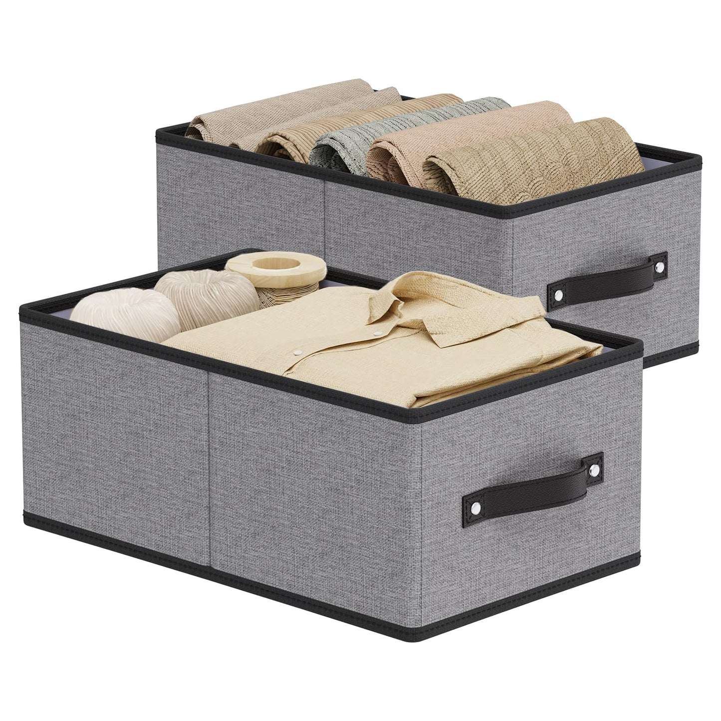 YheenLf Collapsible Storage Boxes, Open Foldable Baskets for Organizing with Handles, Fabric Containers Cubes for Wardrobe, Closet, Gray, 41×25×16.5 cm, 2-Pack
