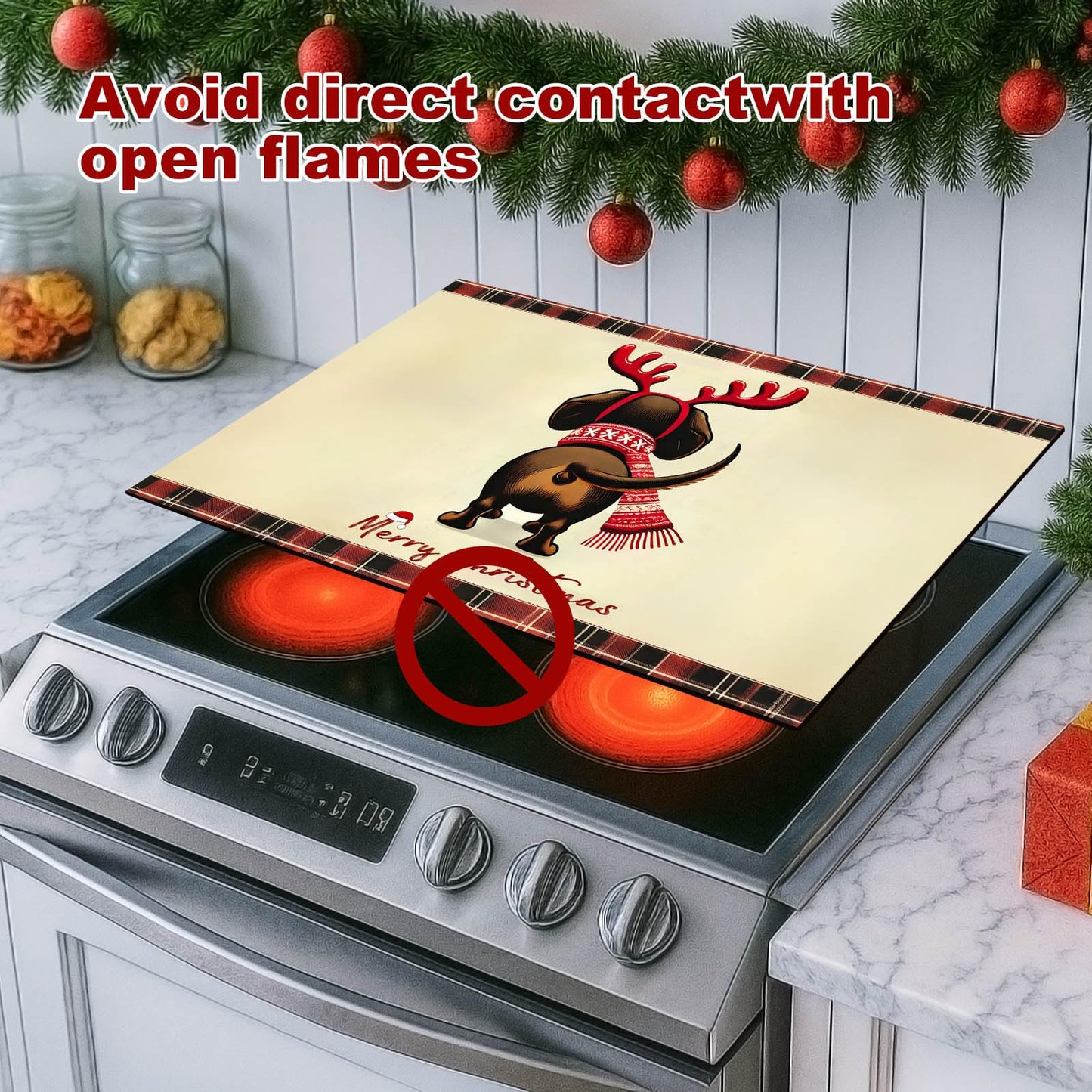 HOMETITUTE Stove Top Covers for Electric Glass Stove 28x20 Inch Christmas Dog Reindeer Design Heat Resistant Cooktop Protector Counter Cover Dish Drying Mat for Kitchen RV Camper