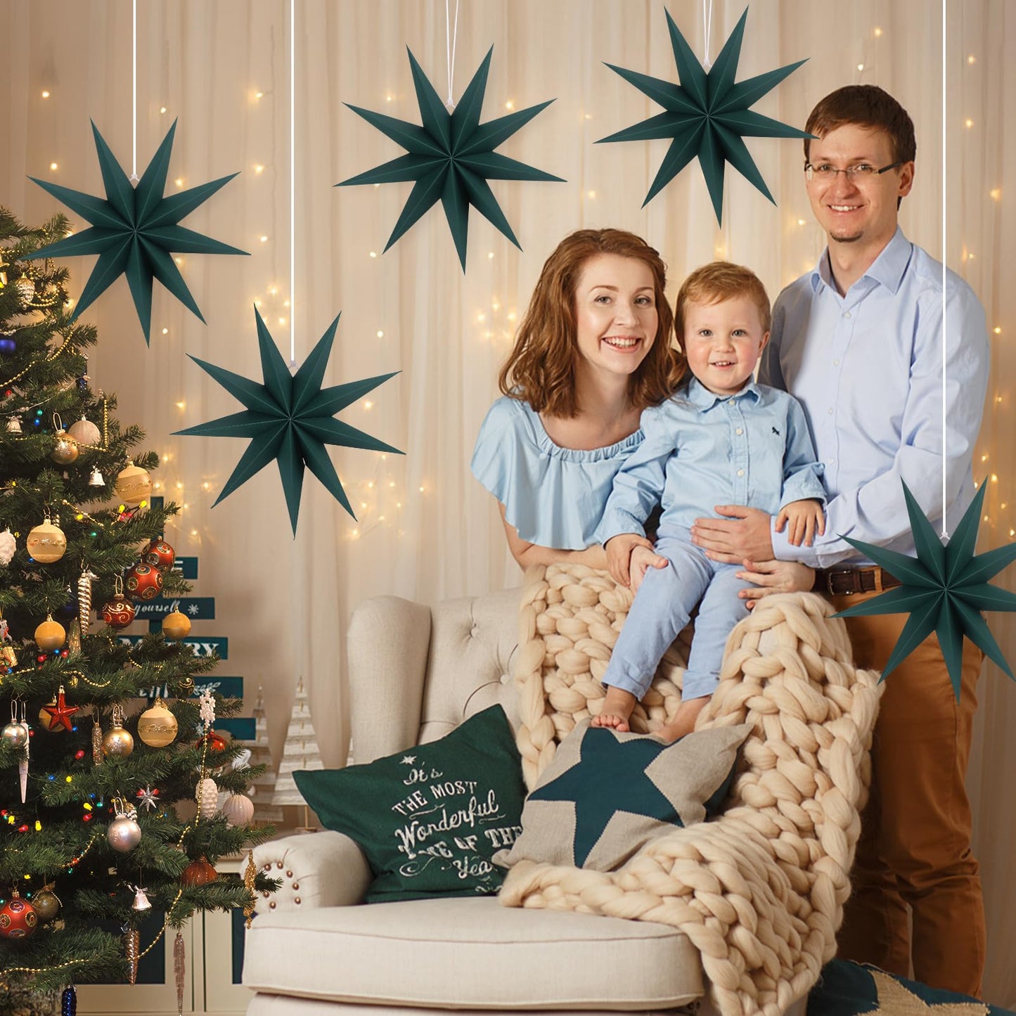 BestoFun 12 Inches 5 PCS Dark Green Paper Star Lanterns Christmas Party Decorations Hanging Stars Christmas Party Decorations Wedding Birthday Christmas Home Party Decorations(9 Pointed)