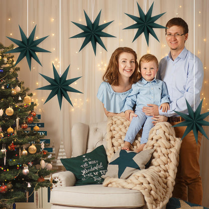 BestoFun 12 Inches 5 PCS Dark Green Paper Star Lanterns Christmas Party Decorations Hanging Stars Christmas Party Decorations Wedding Birthday Christmas Home Party Decorations(9 Pointed)
