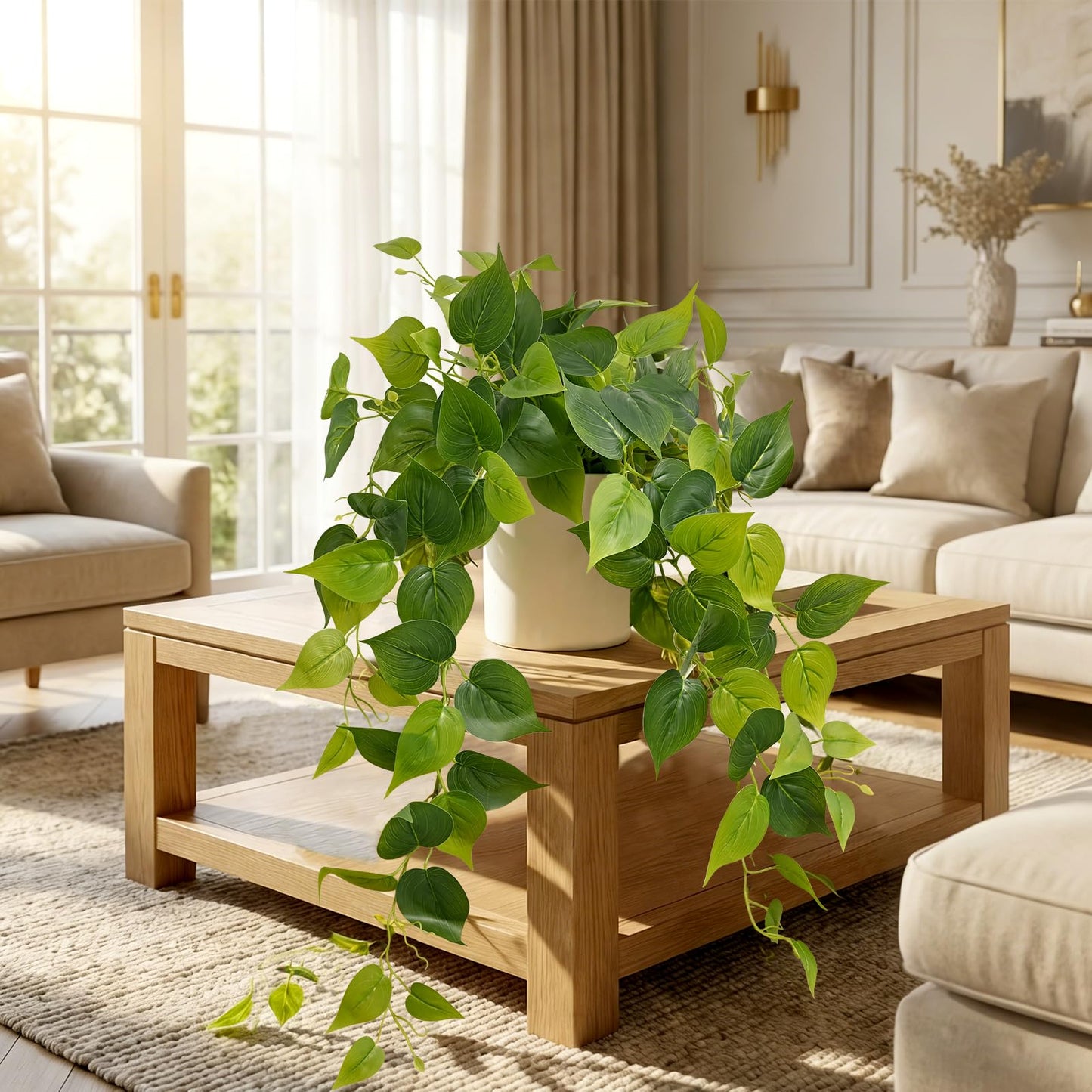 Waipfaru Artificial Plants Indoor, 2Pcs 34" Realistic Fake Pothos Hanging Plants Silk Vines Ivy Potted, Fake Pothos for Living Room Office Bedroom Bathroom Kitchen Shelves Indoor Home Decor