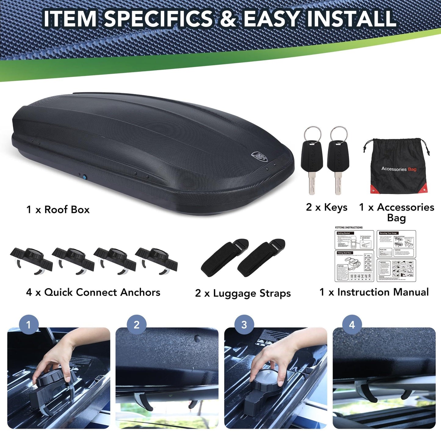 Rooftop Cargo Box Carrier for Car Storage, 12 Cubic Ft Car Top Mount Aero Hard Shell Dual-Side Opening, 165 LBS Weight Capacity Weatherproof Roof Mount Travel Luggage Storage, Secure Straps & Keys