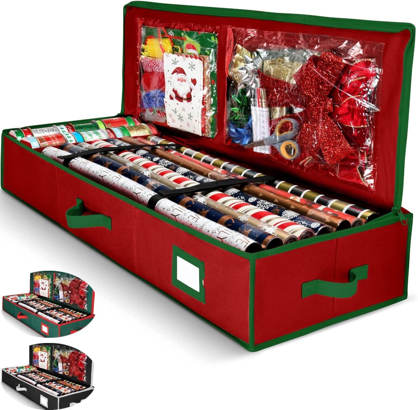 Premium Wrapping Paper Organizer Storage | Gift Wrap Holder With Extra Pockets for Christmas Decorations, Reinforced Handles, Heavy Duty, Ultra-Durable, Tear-Proof Fabric - Fits Up to 27 Rolls (Red)