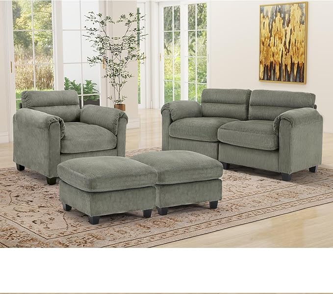 HAOMARKETS Corduroy 4-Piece Sofa Set, Upholstered Ottoman Set of 2, Accent