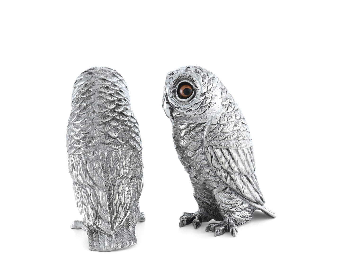 Vagabond House Pewter Metal Owl Salt and Pepper Shaker Set with Hand-Painted Eyes Thanksgiving Harvest Table 3.75 inch Tall