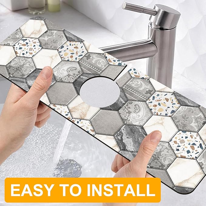 2 Pack Hexagon Marble Sink Splash Guard Faucet Mat Gold Glitter Lines Marble