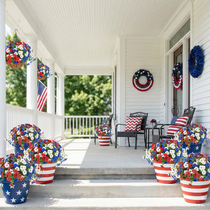 Hananona 2 Set Artificial Outdoor Flowers with Hanging Basket, 2 Hanging Planters with 24 Pcs Patriotic Flowers for Summer Front Porch Patio 4th of July Decor (Red, White, Blue)