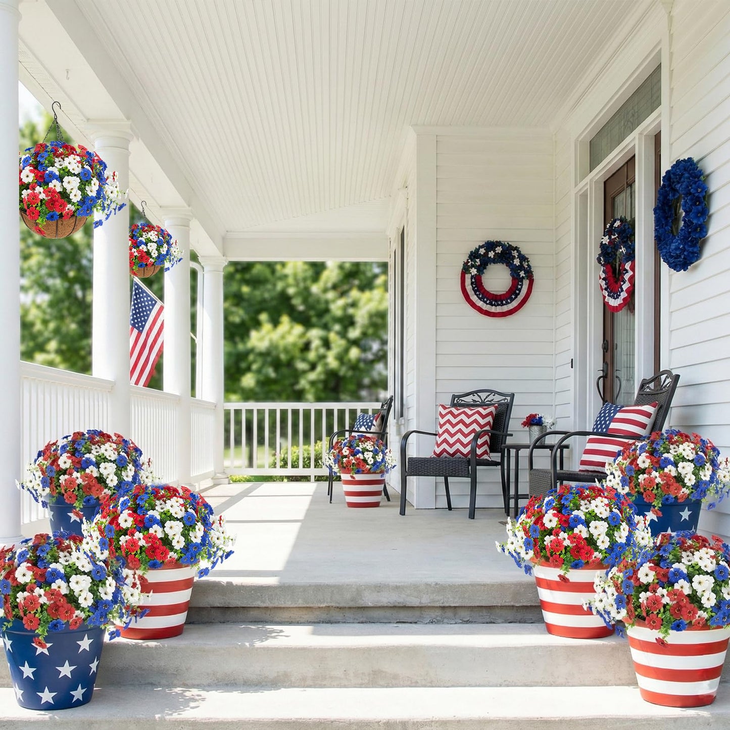 Hananona 2 Set Artificial Outdoor Flowers with Hanging Basket, 2 Hanging Planters with 24 Pcs Patriotic Flowers for Summer Front Porch Patio 4th of July Decor (Red, White, Blue)