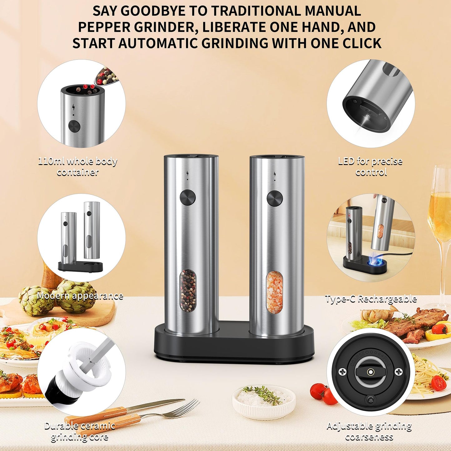 Electric Salt and Pepper Grinder Set (with Rechargeable Base), Featuring LED Lighting, Ideal for Kitchen and Outdoor Use.