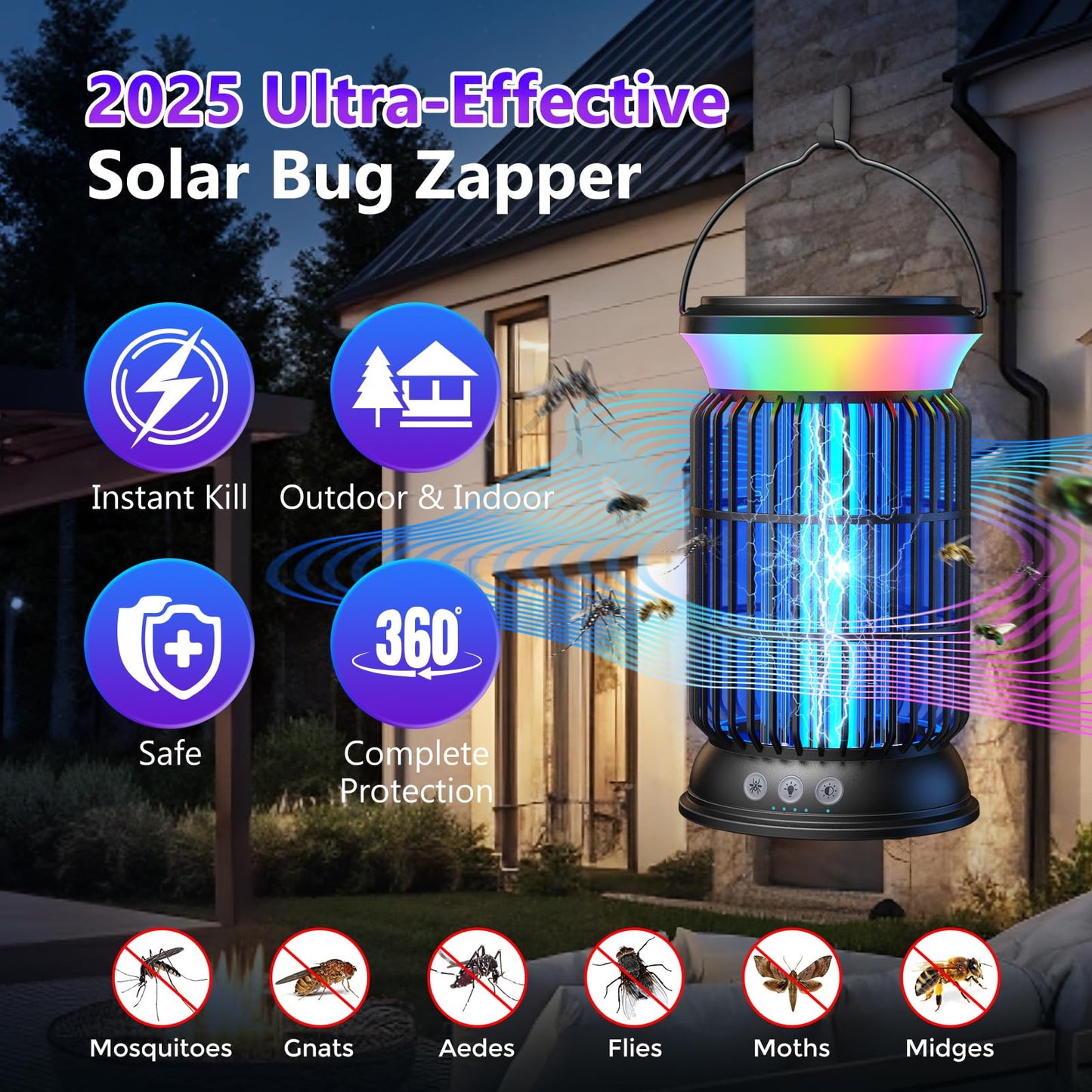 Solar Bug Zapper Outdoor, 4200V Effective Mosquito Zapper, 4-in-1 Cordless Rechargeable Fly Zapper with 6000mAh Battery, Waterproof & Portable Insect Zapper for Patio, Camping, Home Black