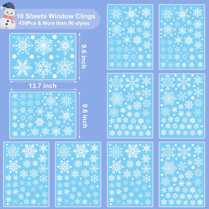 NEWMIAO 438Pcs Snowflake Window Cling Stickers for Christmas Decorations, 10 Sheets Christmas Window Clings of Different Shapes Xmas Decals for Glass Home Decor Indoor and Outdoor Party Supplies