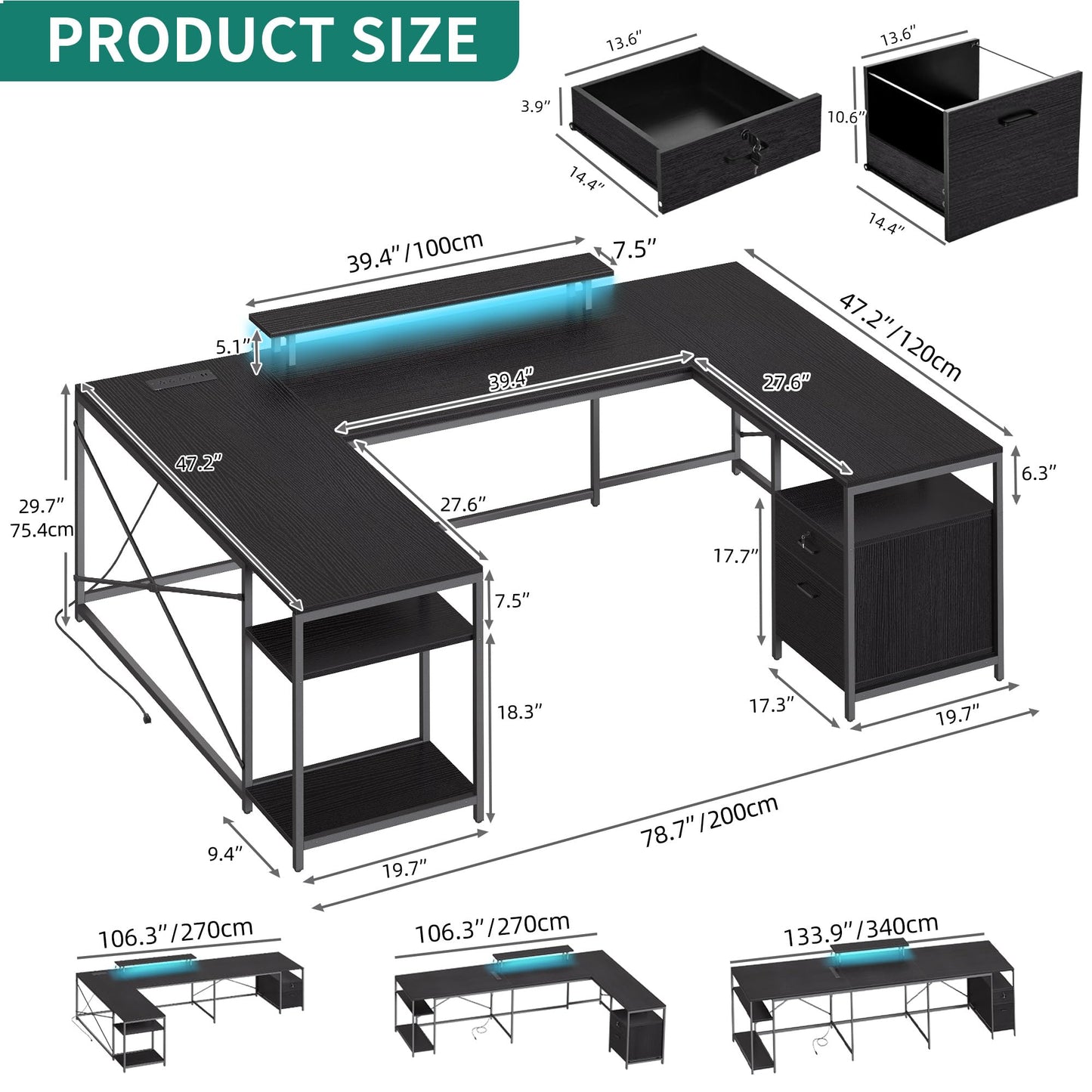 YITAHOME U Shaped Desk with Power Outlets & LED Lights, 79" Reversible L Shaped Desk with Drawers, Corner Computer Desk Office Desk with Monitor Stand & Storage Shelves, Black