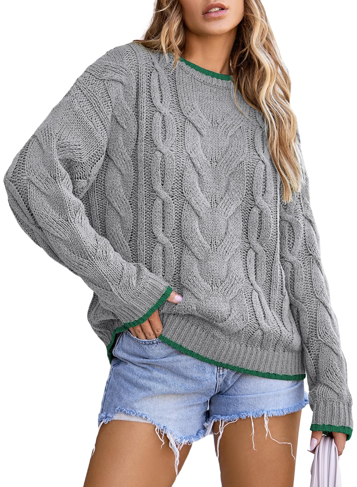 EVALESS Sweaters for Women Trendy Crewneck Long Sleeve Color Block Sweater Tops Fall 2025 Chunky Cable Knit Pullover Sweaters
