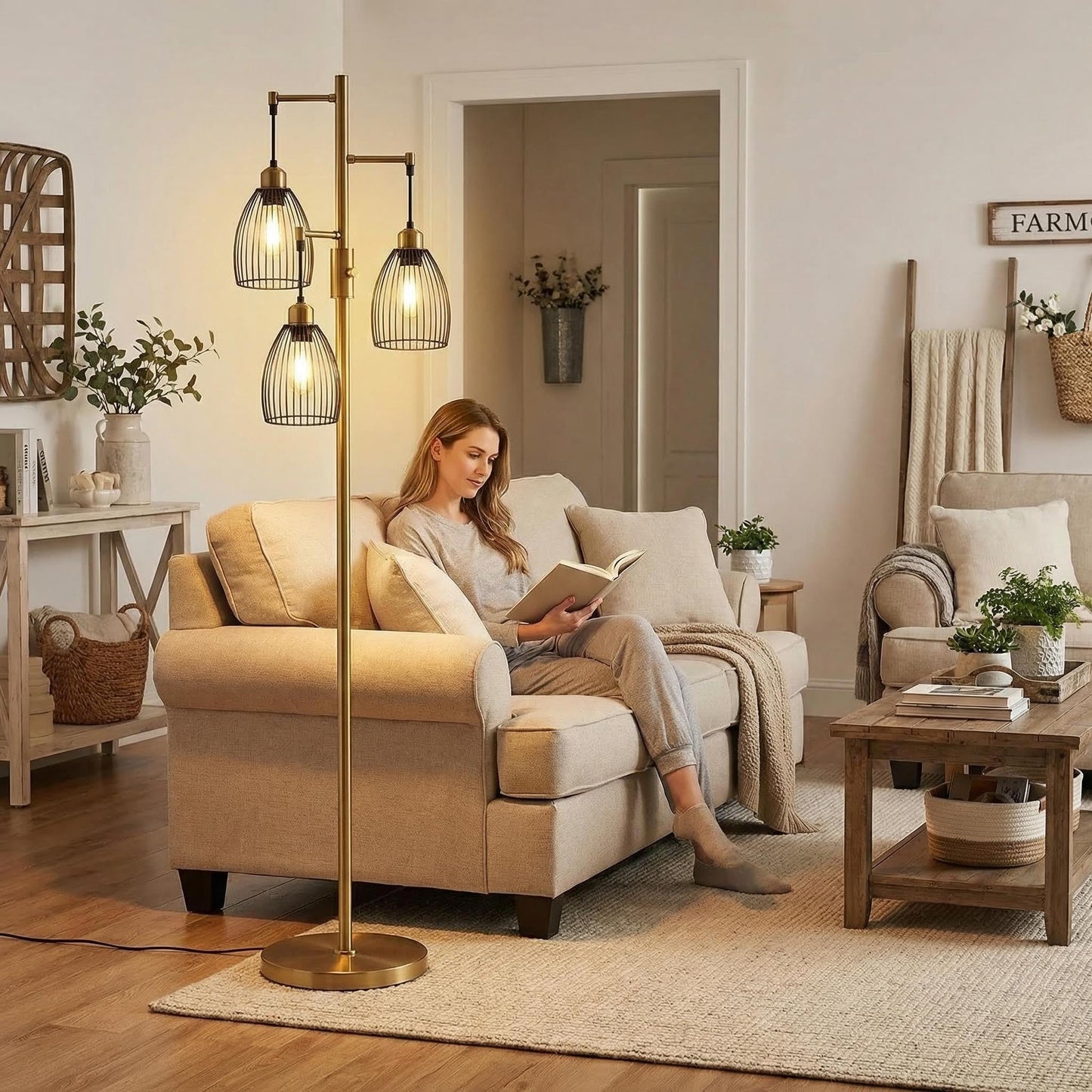 Dimmable Floor Lamp, Industrial Floor Lamps for Living Room, Antique Brass Tree Lamp Standing Lamp Tall Lamps with 3 Elegant Teardrop Cage Head & 800 Lumens LED Bulbs for Living Room Bedroom Office