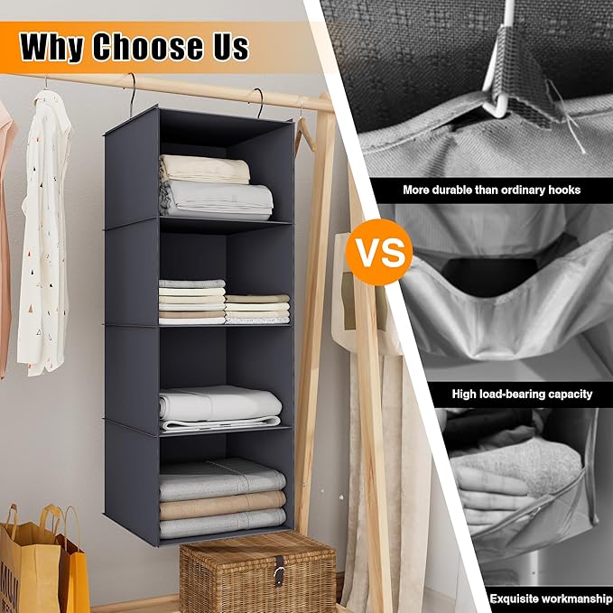 Hanging Closet Organizer, Easy Mount Foldable 4-Shelf Hanging Closet Wardrobe