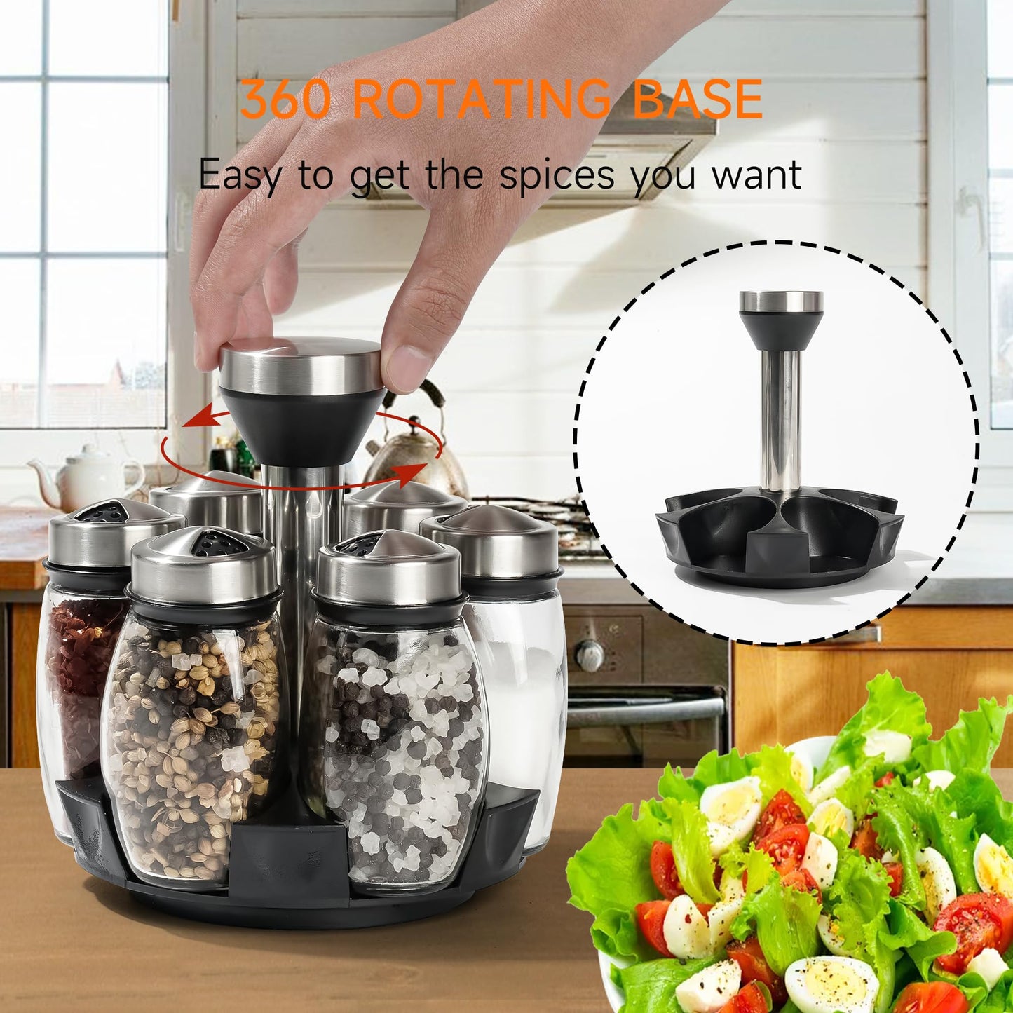 Mlici 6PC Spinning Glass Spice Jars - 360° Rotating Spice Rack Organizer with Jars, Stainless Steel Revolving Seasoning Holder Jars for Countertop Cabinet Kitchen Spices Cruets