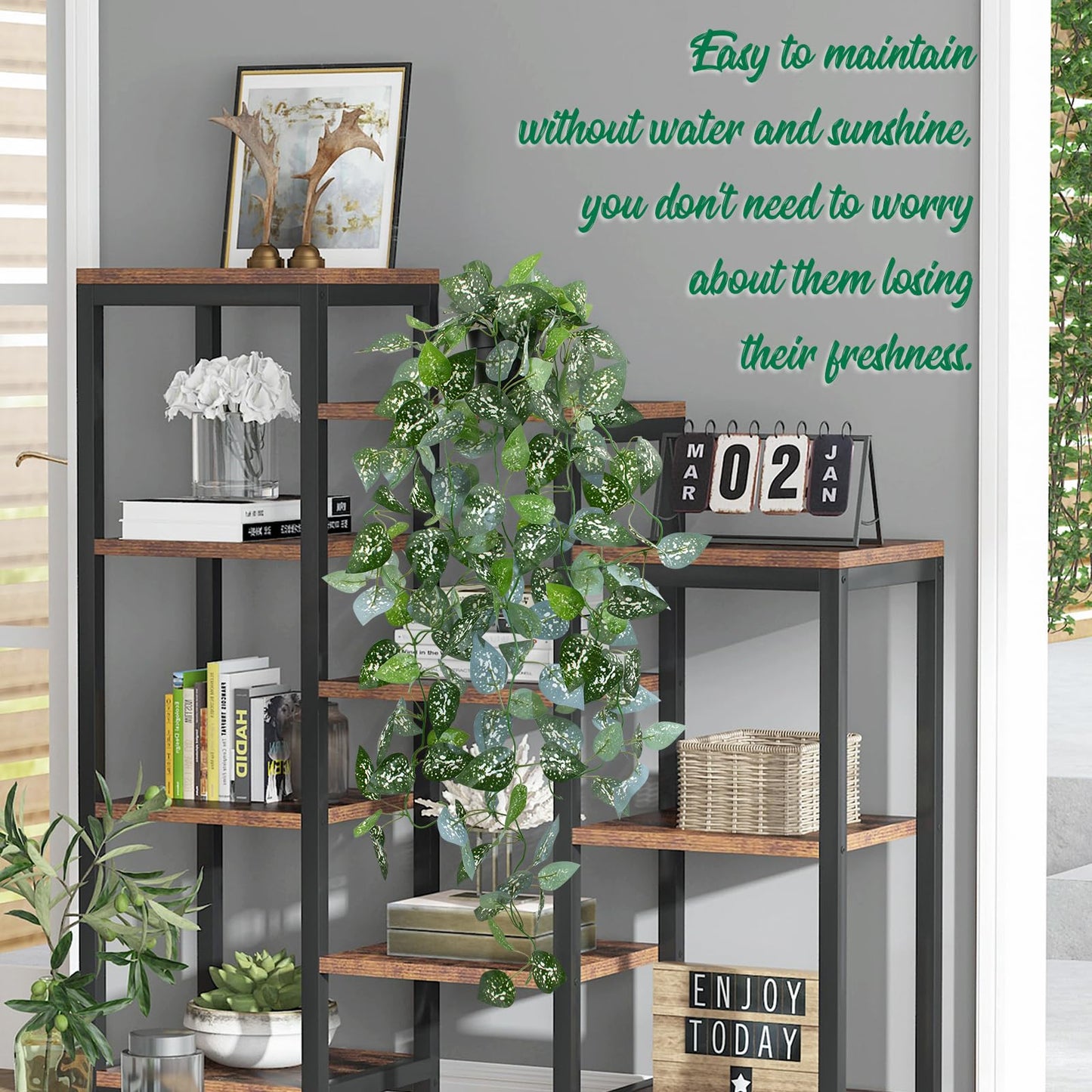 LOYWREE 39-in Long Fake Hanging Plant with Pot Faux Pothos Artificial Potted Plants Small Faux Ivy Vine Plant for Indoor Outdoor Aesthetic Office Living Room Shelf Decor (Black Pot)