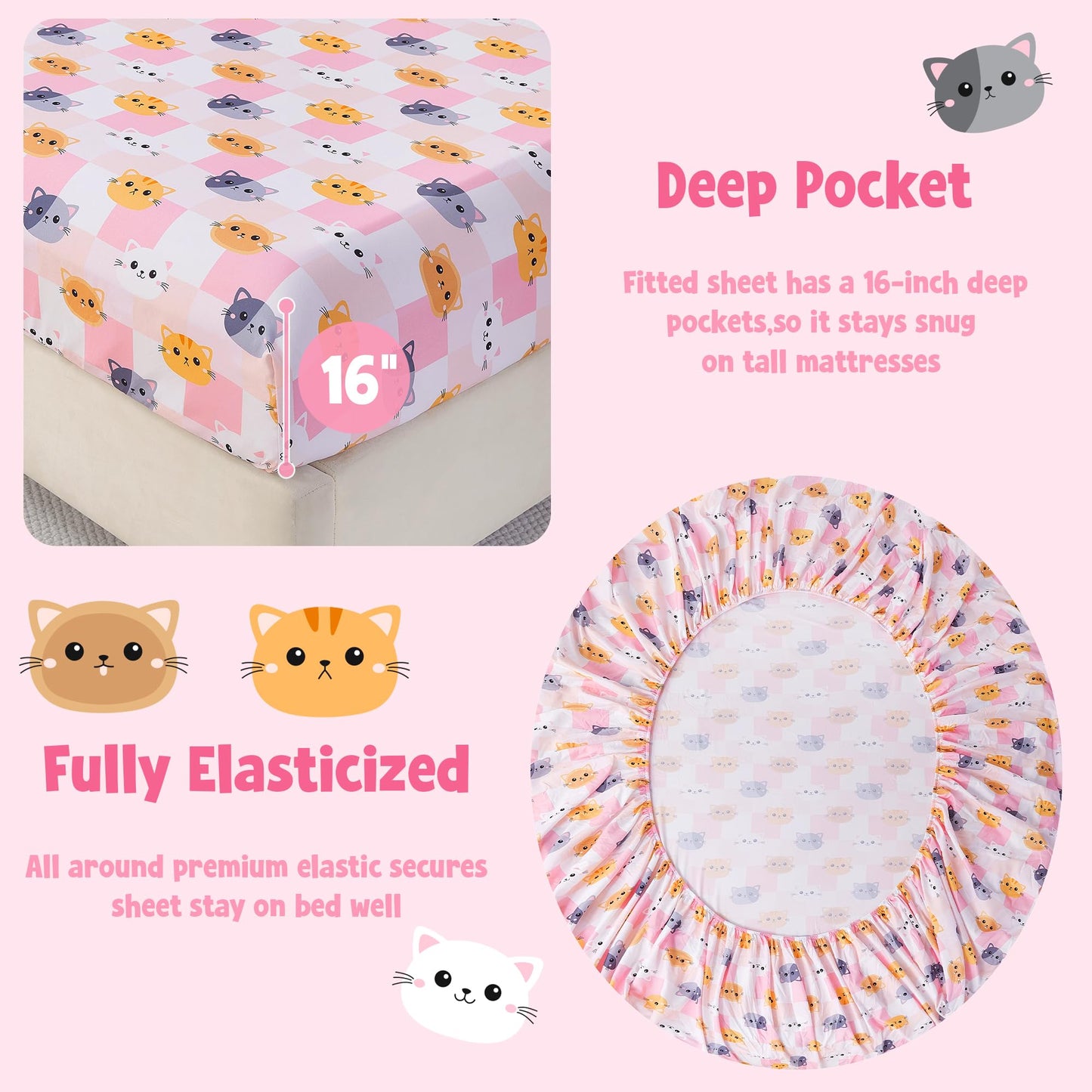 CozySmile Full Sheet Set Kids,4 Pieces Breathable Soft Microfiber Bedsheets for Child Girls, Oeko-TEX, Anti Pilling Deep Pockets Easy Care Bed Sheets, Cat Plaid