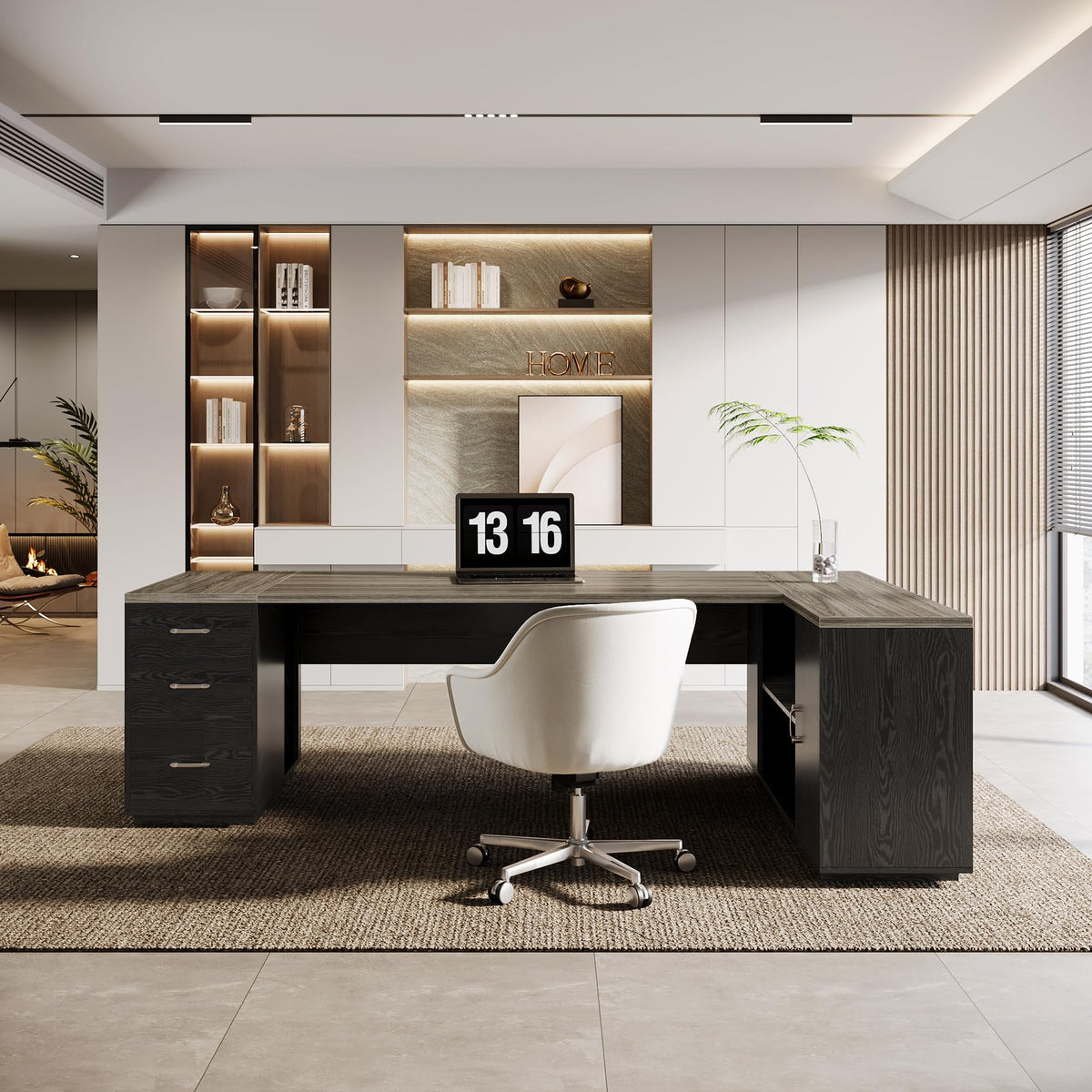 Tribesigns 85.8-Inch L-Shaped Executive Office Desk with File Drawers & Storage Cabinet, Professional Corner Computer Desk Extra Large Business Workstation with Adjustable Shelves (Gray&Black)