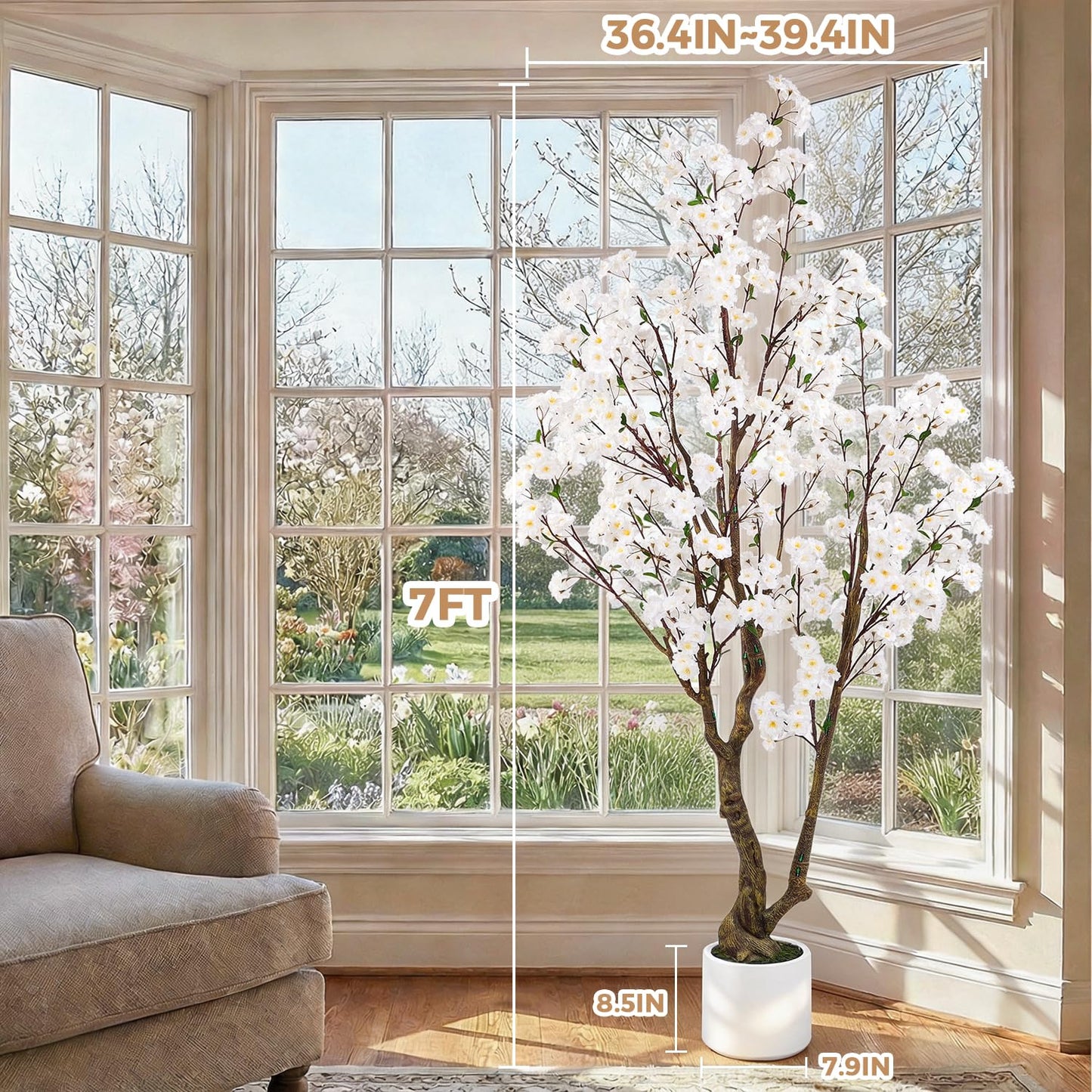 Artificial Cherry Blossom Tree, 7FT Tall Artificial Tree with White Pot, White Fake Sakura Flower Tree, Faux Silk Plants for Home, Living Room, Wedding, Garden, Balcony, Hotel Decoration