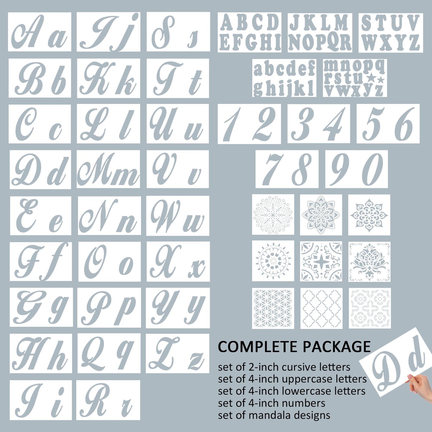 124 Alphabet Numbers Mandala Stencils Small Large Upper Lowercase 2 and 4 inch Arts Crafts Letters Stencil Reusable Template for Calligraphy DIY Painting Wood Wall Fabric Rock Bullet Journal Kit