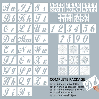 124 Alphabet Numbers Mandala Stencils Small Large Upper Lowercase 2 and 4 inch Arts Crafts Letters Stencil Reusable Template for Calligraphy DIY Painting Wood Wall Fabric Rock Bullet Journal Kit