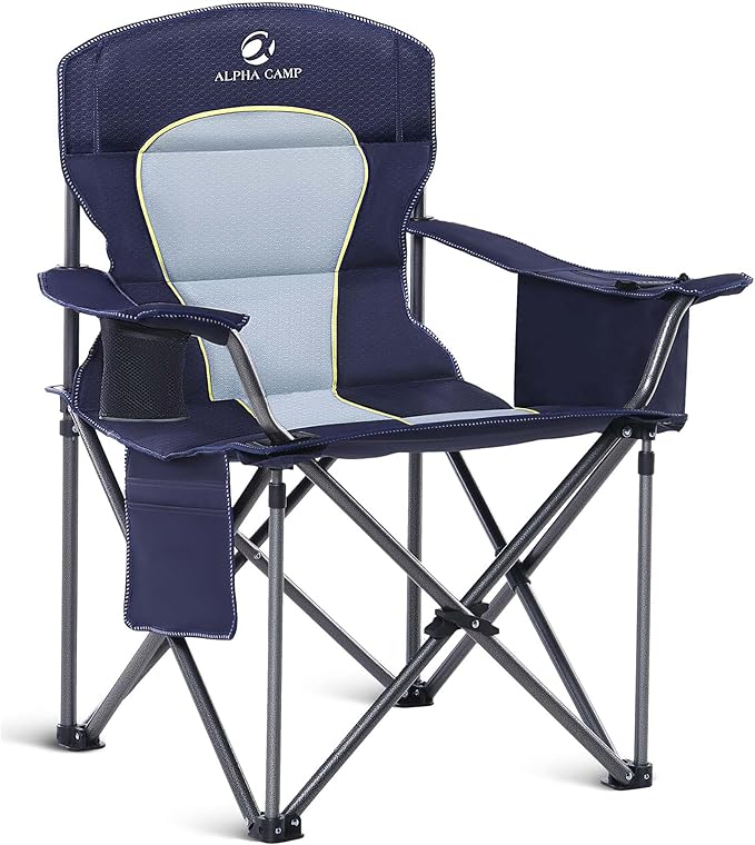 ALPHA CAMP Heavy Duty Camping Chair 500LBS Capacity, Oversized Folding Chair for Heavy People, Padded Portable Outdoor Chair with Cooler Bag & Cup Holder for Camping, Fishing, Beach