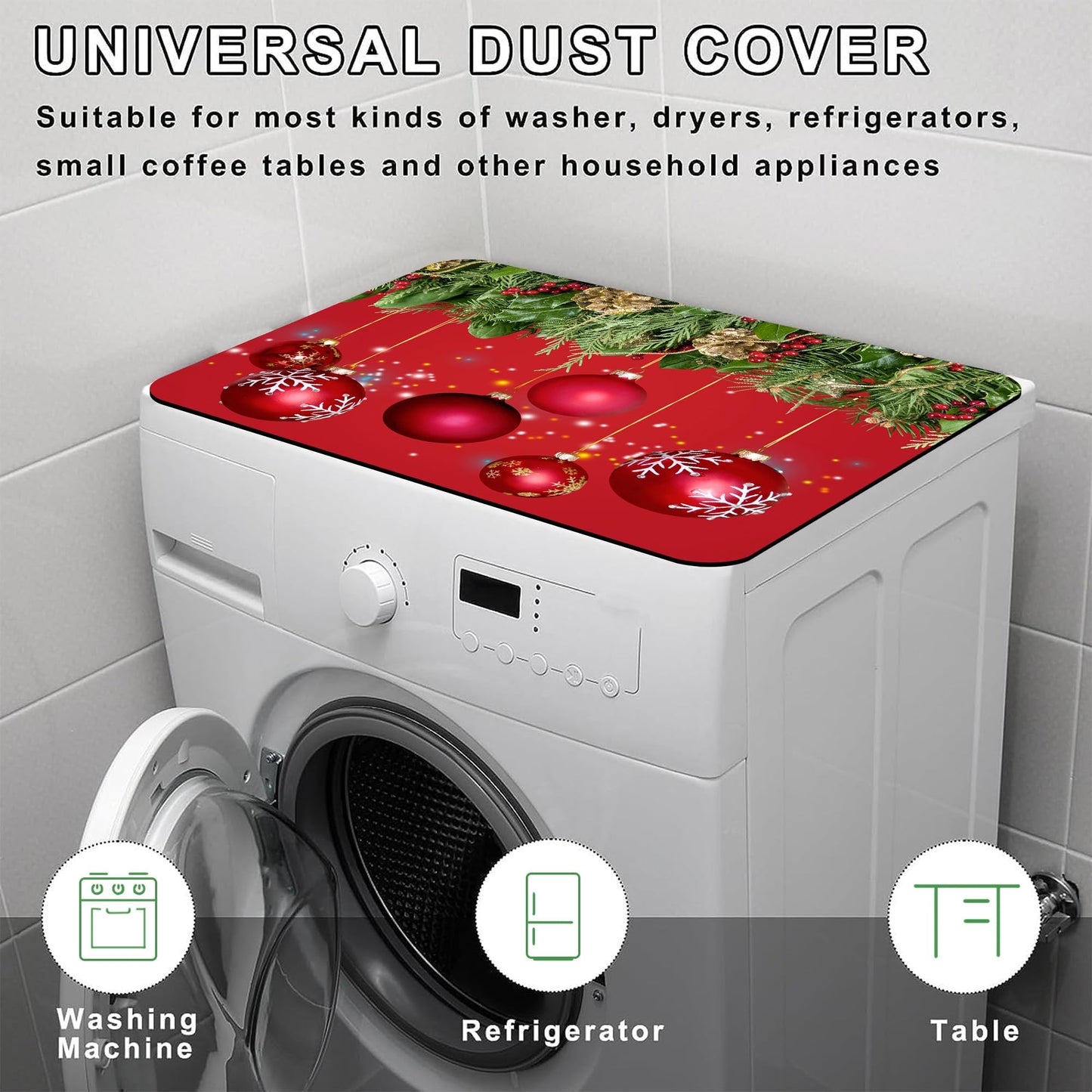 Christmas Fir Twigs and Red Balls Washer and Dryer Covers For The Top, Non-slip Fast Drying Absorbent Dryer Top Protector Mat for Kitchen Laundry Room Decor,23.6"x19.7"