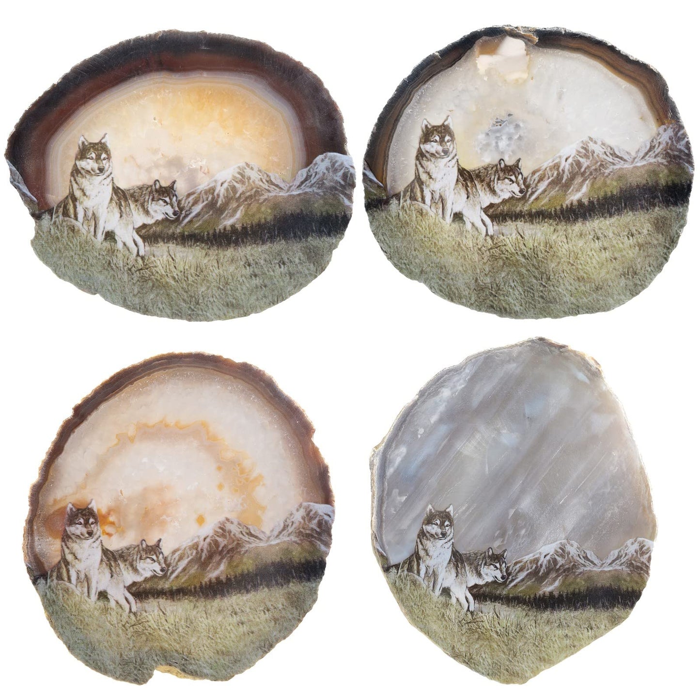 TUMBEELLUWA Natural Irregular Agate Slice Painting Decor with Wooden Stand Agate Geode Slab for Desk Hallway, Wolf