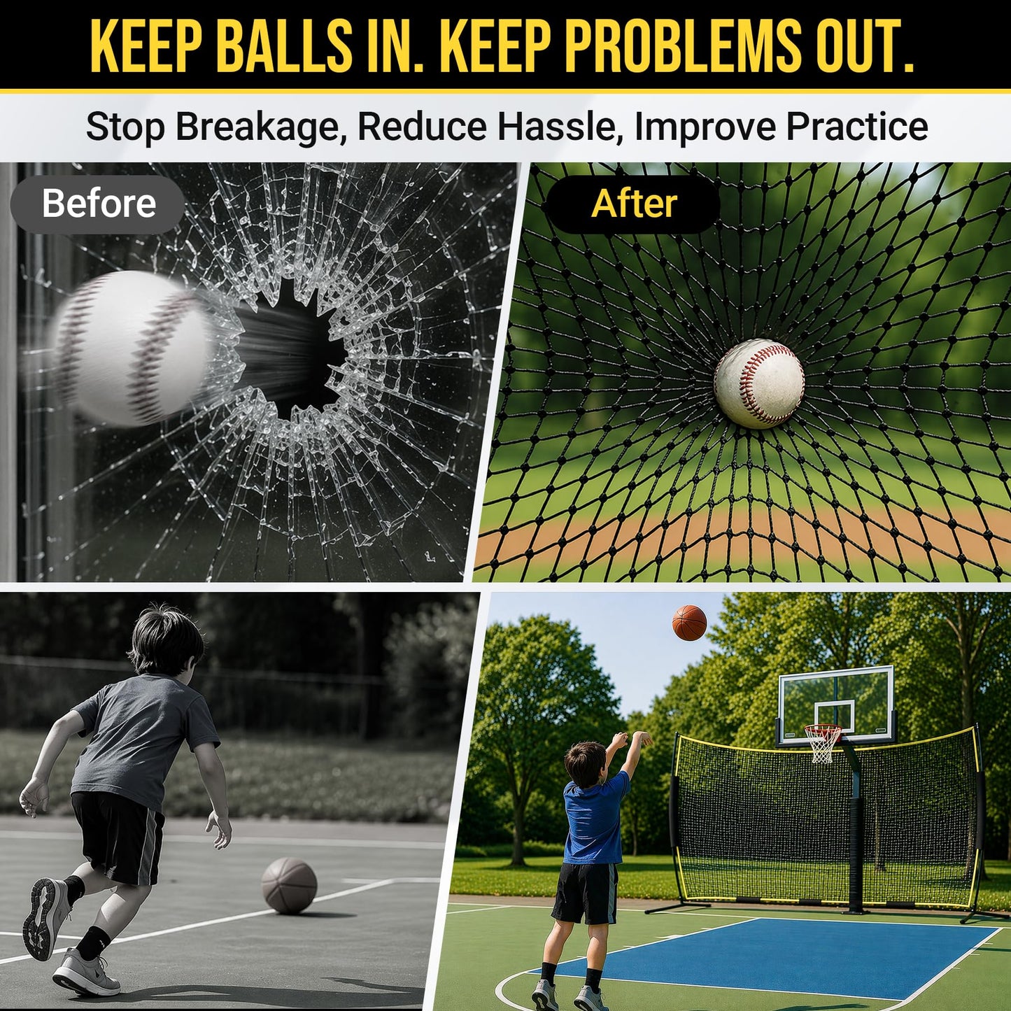 Eastrexon Barricade Backstop Net, 20x10ft Ball Stop Netting with Carry Bag & Ground Stakes, Quick Setup, Portable, Perfect for Lacrosse, Baseball, Basketball, Soccer