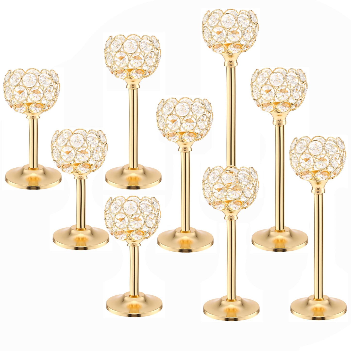 Gold Crystal Tealight Candle Holder Set of 9, Elegant Gold Candles Table Centerpieces, Tall Bling Bowl Candelabra Decor for Wedding, Dining Table, Fireplace Mantel & Party Decoration