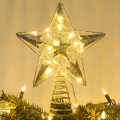 Brizled Gold Christmas Tree Topper Lights, 8" Hollow-Out Star Tree Topper with 20 LED Warm White Lights, Battery Powered Xmas Tree Topper 5 Point Star Treetop for Christmas Tree Home Party Decor