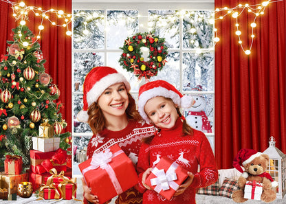 Christmas Window Backdrop 10x8ft Red Curtain Photography Backdrop Winter Xmas Party Banner Decorations Background Xmas Holiday Party Photo Booth D649