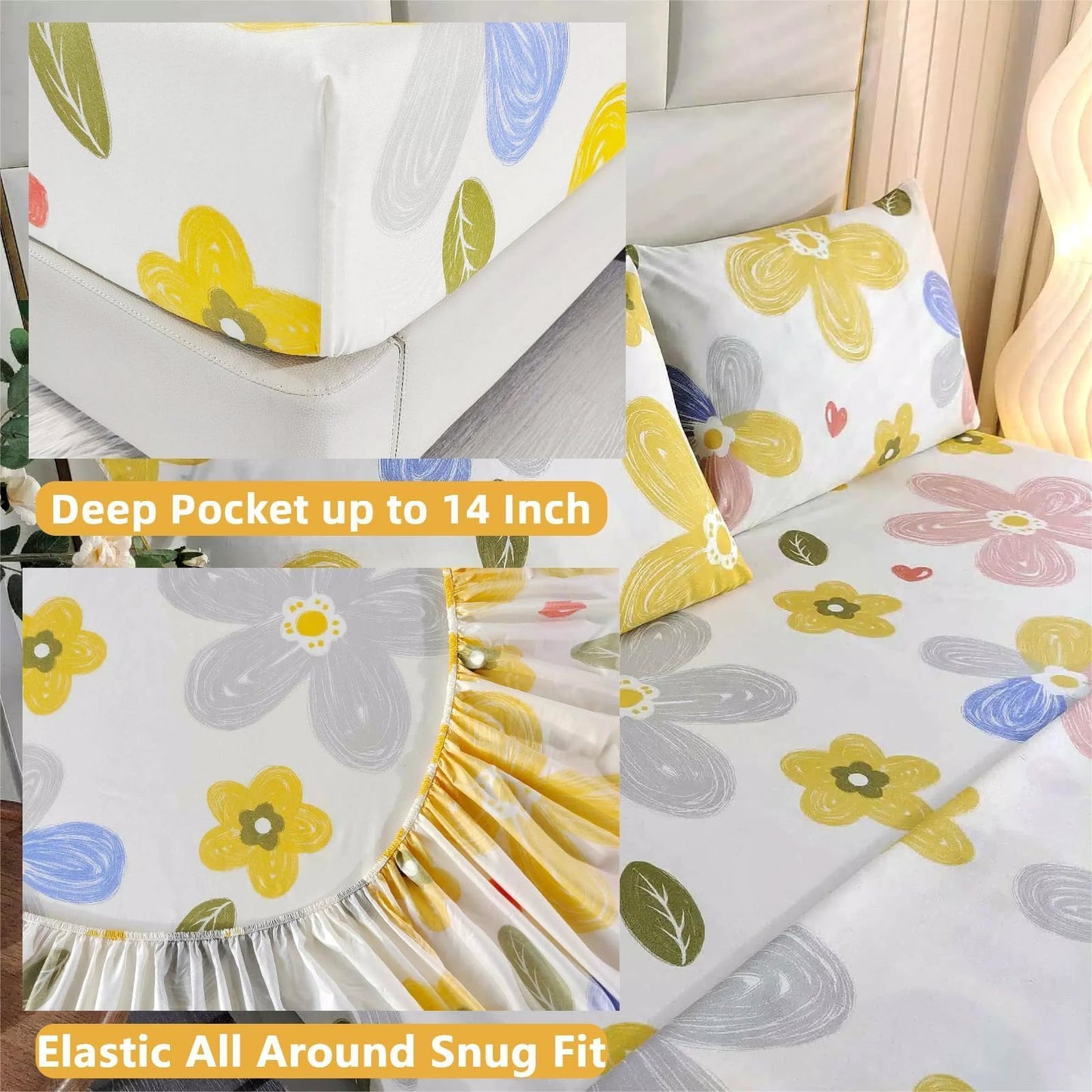 SDIII 4 Pieces Yellow Floral Twin Bed Sheet Set, Soft Microfiber Twin Sheets Flower Printed Deep Pocket, Floral Cozy Bedroom Decor All Season