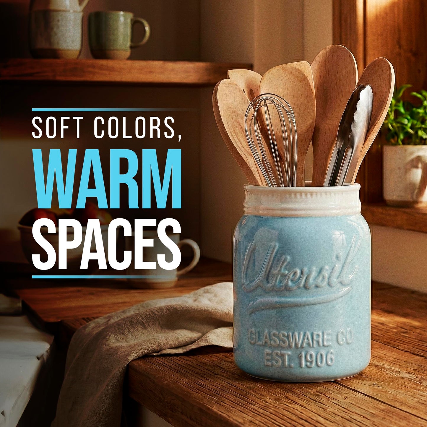 Comfify Blue Mason Jar Utensil Holder – Wide Mouth Ceramic – Farmhouse