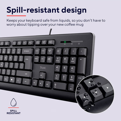 Trust Taro Wired Keyboard and Mouse Set - Qwerty UK Layout, Full-Size Keyboard, Spill-Resistant, 1.8 m Cable, USB Plug and Play, Quiet Combo for PC and Laptop - Black