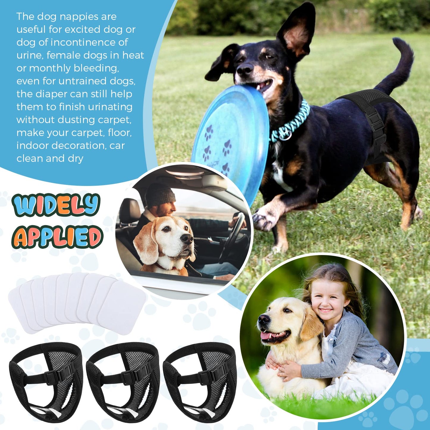 3 Pack Dog Season Pants Dog Nappies with 9 Sanitary Pad Washable Protective Trousers for Female puppy in Heat Monthly Bleeding Washable Protective Pants, Black(X-Large)