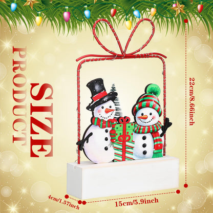 Cinnvoice Winter Snowman Tabletop Decorations Wooden Lighted Winter Snowmen Gift Box Tree Ornament with Metal Frame Red Green Battery Operated LED Light up Holiday Sign for Indoor Mantel Shelf Decor