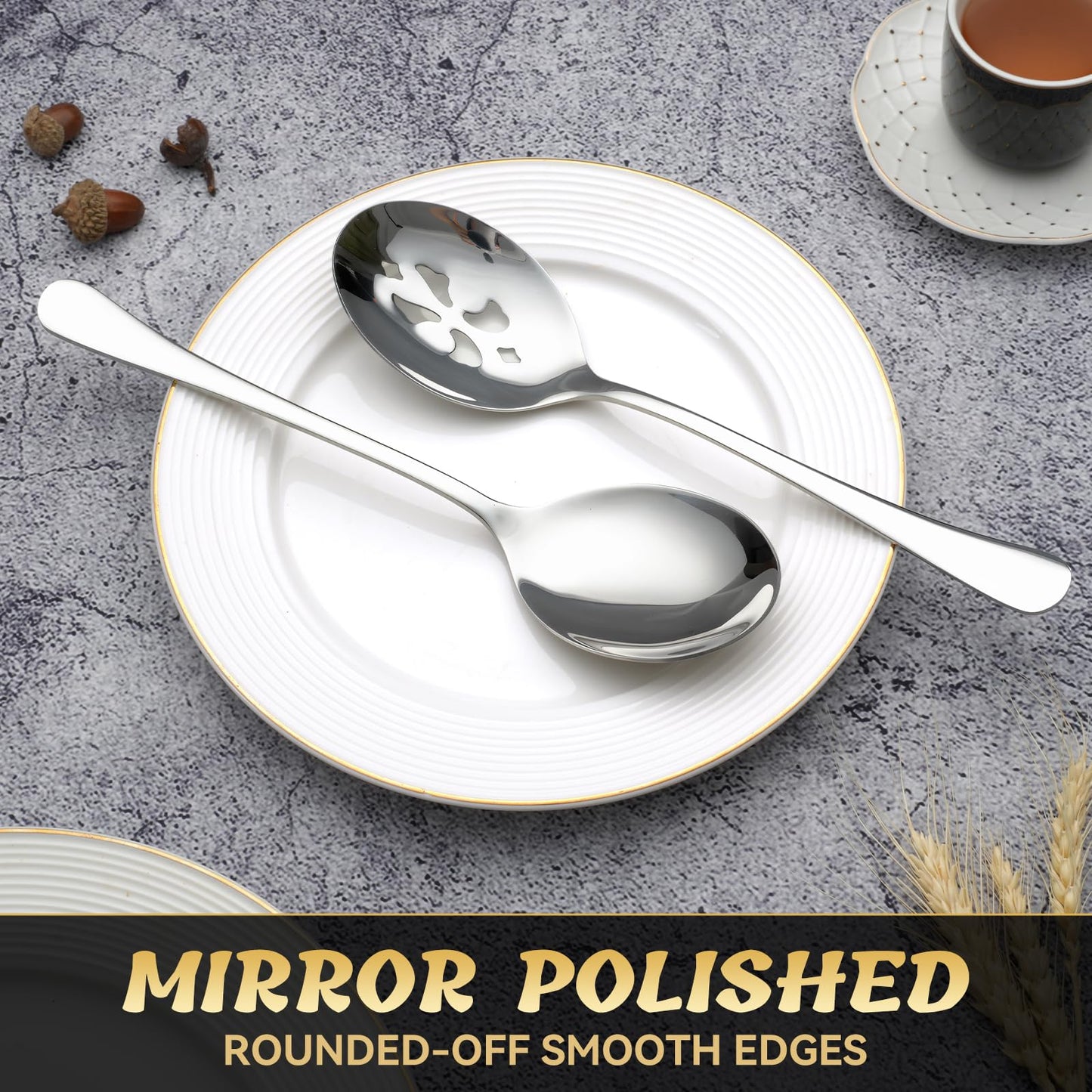 Keyoxy 4 Piece Stainless Steel Serving Spoon Set - 2 Large, 2 Slotted,Dishwasher Safe,10-Inch, for Parties/Kitchen/Buffet/Catering