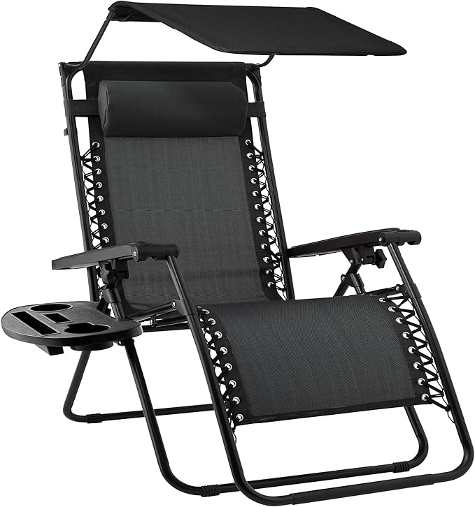Best Choice Products Folding Zero Gravity Outdoor Recliner Patio Lounge Chair w/Adjustable Canopy Shade, Headrest, Side Accessory Tray, Textilene Mesh - Black