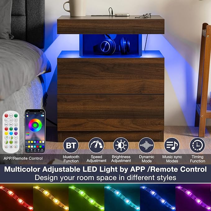 HOMMPA Rustic Nightstand with Wireless Charging Station LED Bedside Table with