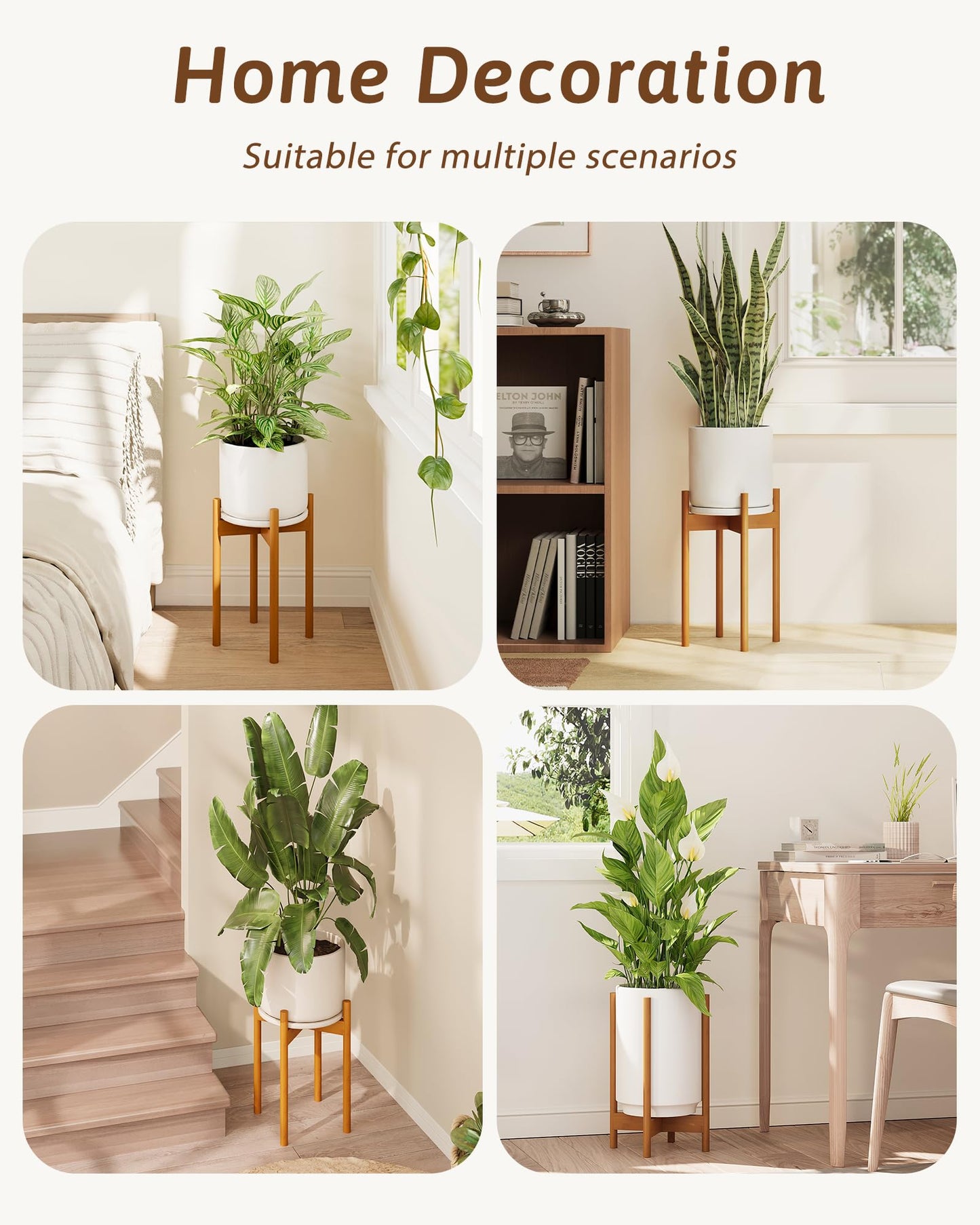 GENTINGBRO Adjustable Plant Stand Indoor, Bamboo Plant Stand Fits 8 9 10 11 12 Inches, Small Corner Planter Holder for Indoor Plants, Single Floor Plant Stands for Living Room Balcony, Light Brown Tall