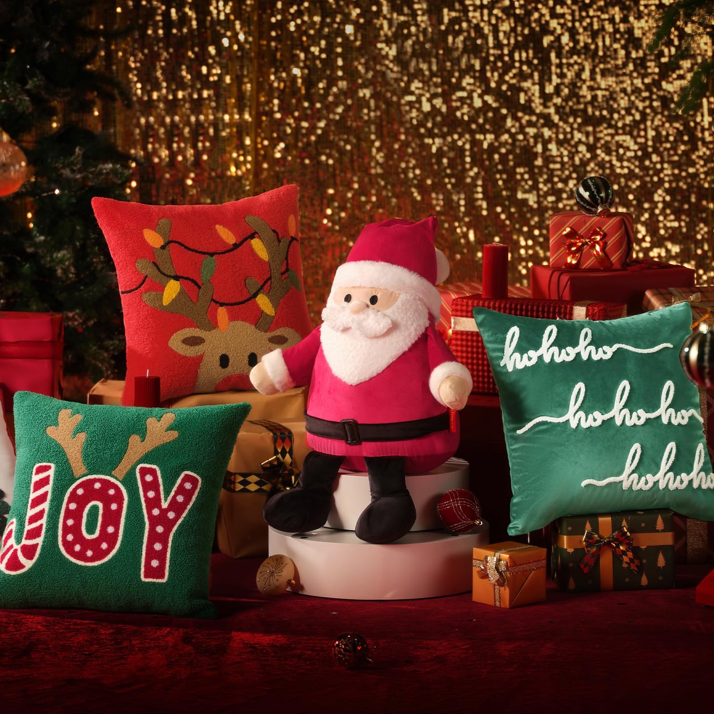 Phantoscope Merry Christmas Throw Pillow, 3D Velvet Santa Claus Shaped Pillow with Faux Fur Beard Plush Xmas Decorative Pillow for Couch, Red, 18×13 inch