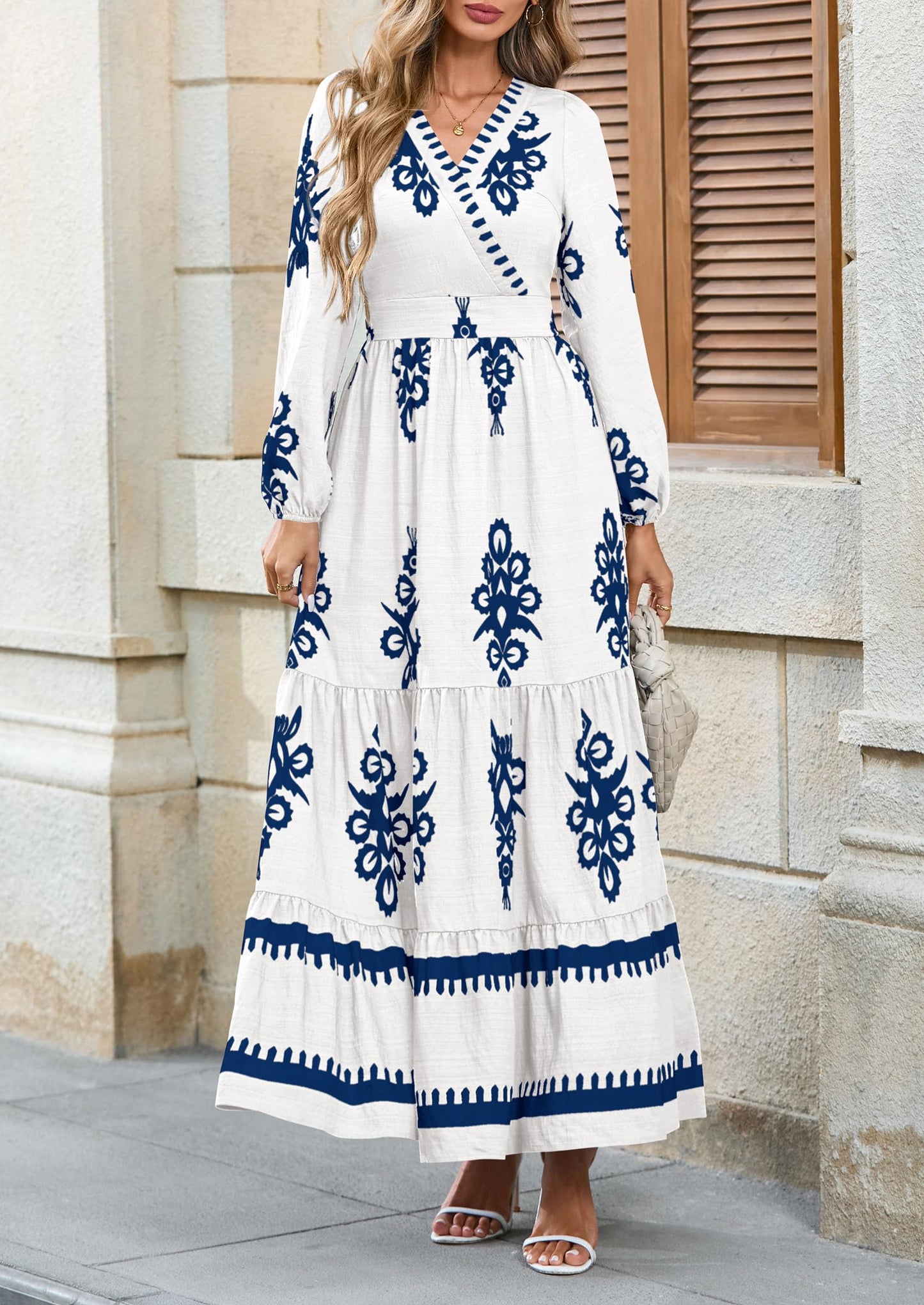 PRETTYGARDEN Women's 2025 Fall Wedding Guest Dresses Boho Floral Long Sleeve V Neck Flowy Elegant Maxi Dress Beach Clothes