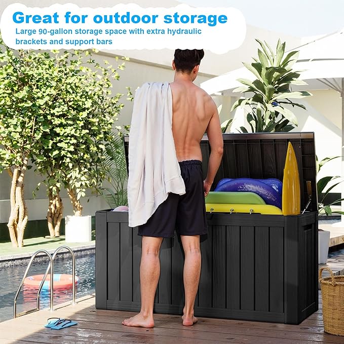 90 Gallon Waterproof Outdoor Storage Box,Resin Deck Box,Lockable Outside Storage Box Container for Patio Furniure,Garden,Tools (90 Gallon,Black)