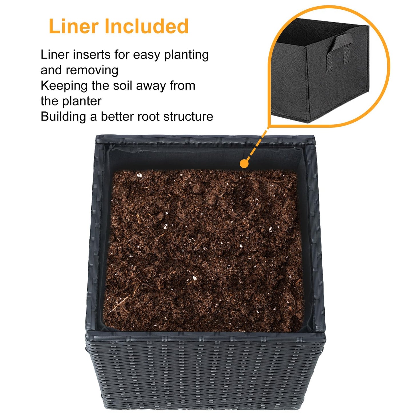 SUNNYPARK Set of 2 Large Square Planter with Removable Liner, All-Weather PE Rattan Modern Planters Indoor Outdoor Flower Plant Pots Garden Box Patio Yard Front Porch Deck
