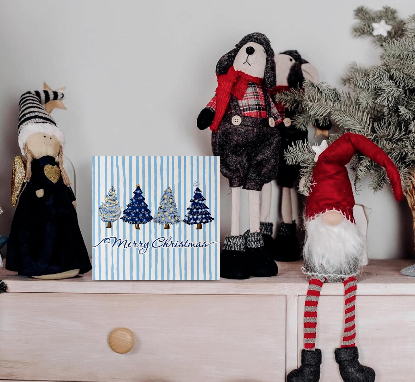 KEUSPI Navy Blue Merry Christmas Tree Wooden Box Sign, Christmas Tree Decor, Xmas Navy Blue Striped Winter Wood Box Block Sign for Home Office Desk Tabletop Shelf Decoration 5x5 Inch
