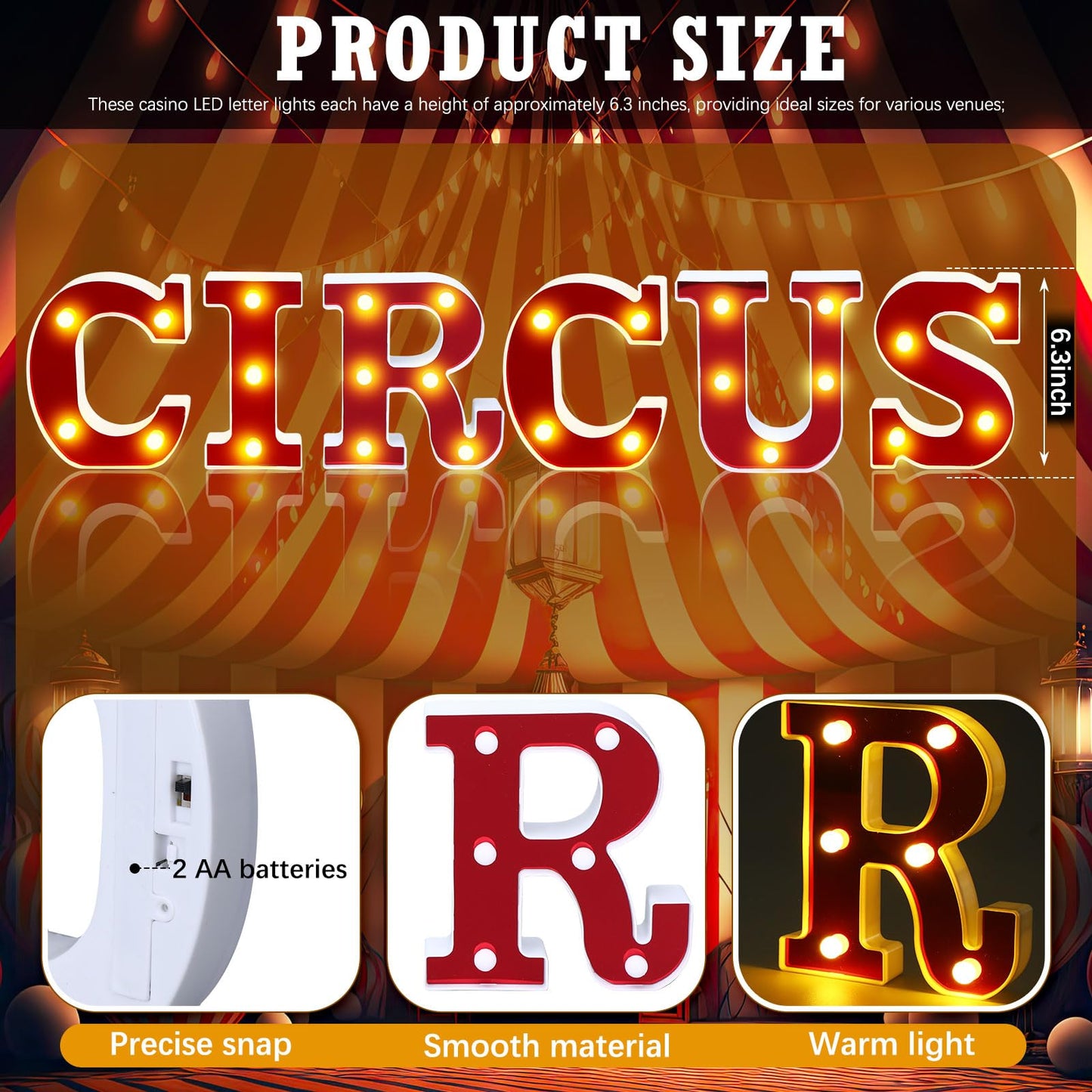 Aurelema Circus 6.3" Light up Letters Sign Party Decorations Battery Powered Marquee Lighted Sign LED Alphabet Letter Lights for Christmas Night Party Birthday Home Tabletop Decor Supplies