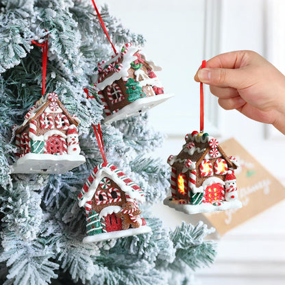 3Pcs Christmas Gingerbread House Hanging Ornaments for Xmas Tree,3D Light-Up Handmade Clay Gingerbread Candy House with Santa Claus Snowman for Christmas Eve New Year Winter Holiday Party Decorations